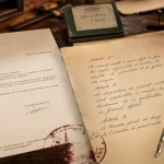 Language soutenue : lettre administrative sur parchemin, plume et cachet rouge.