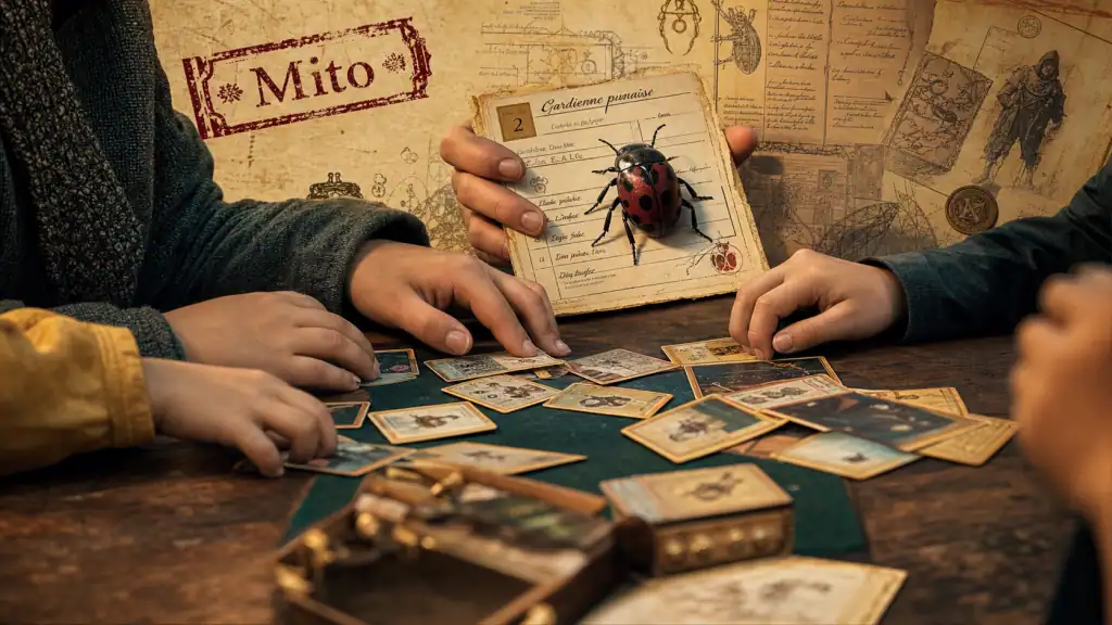 Mito jeu : gardienne et cartes sur table