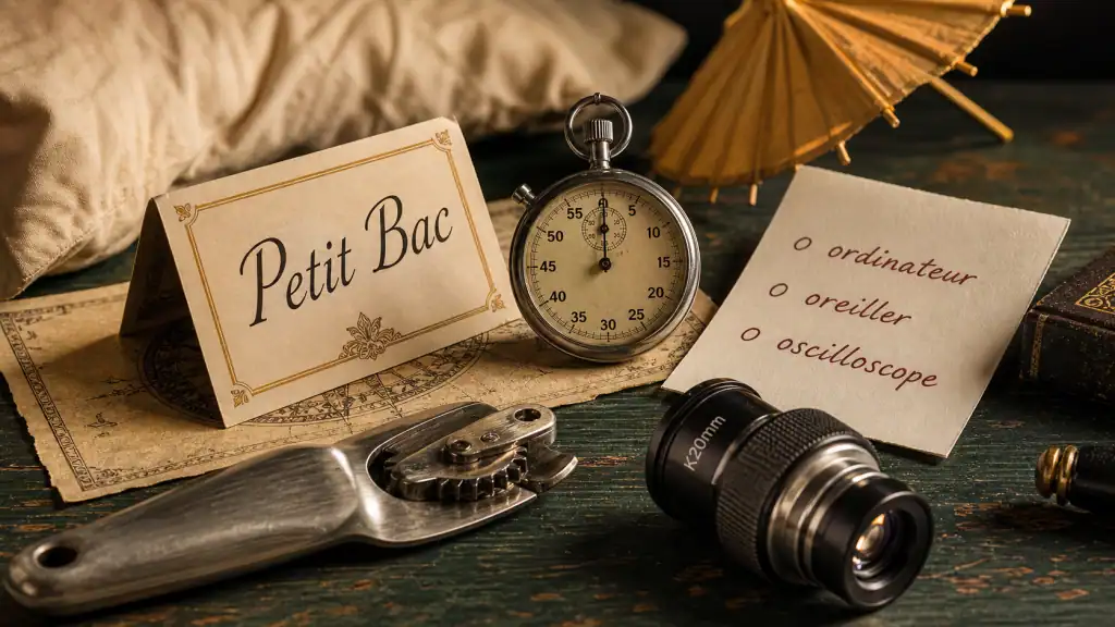 Objet en o petit bac : carte et liste d’objets en O (ordinateur, oreiller, oscilloscope).