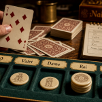 Plateau des règles du jeu le nain jaune, 5 cases et jetons à gagner