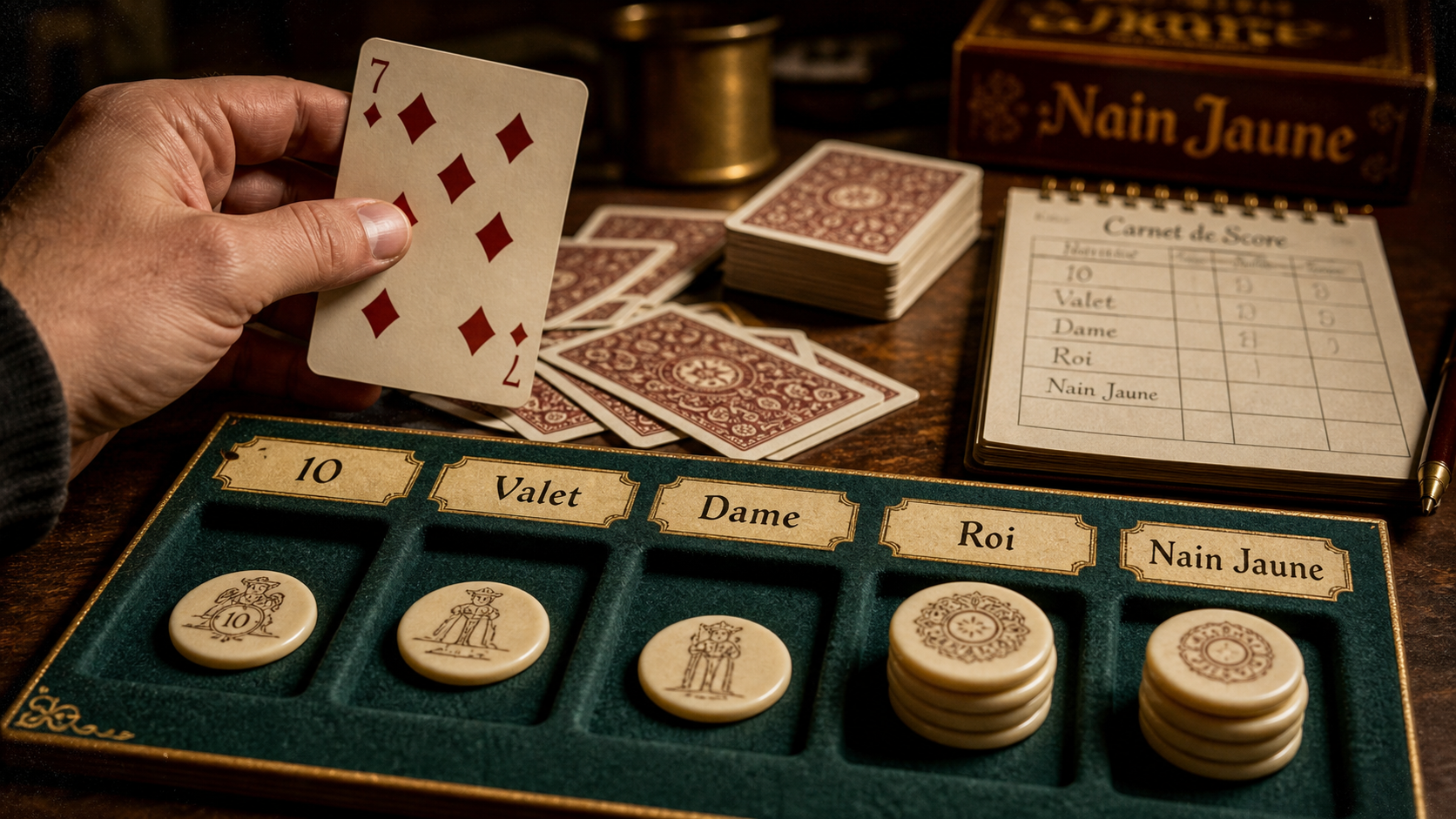 Plateau des règles du jeu le nain jaune, 5 cases et jetons à gagner