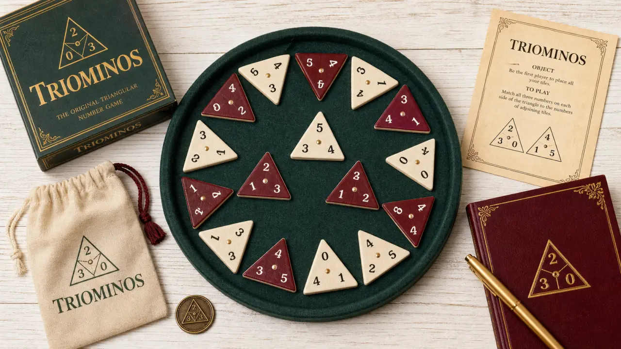 Triomino : tuiles de triomino sur plateau vert, règles et choix de boîte