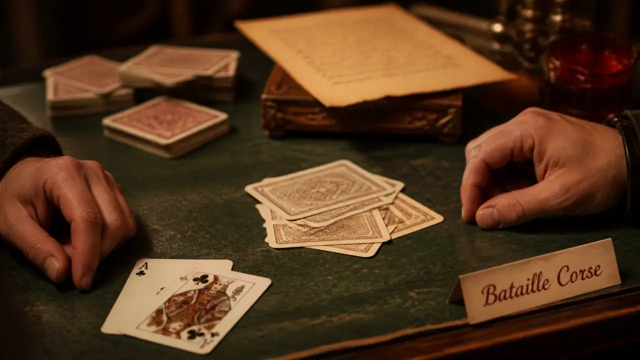Bataille corse regle : cartes et mains sur table