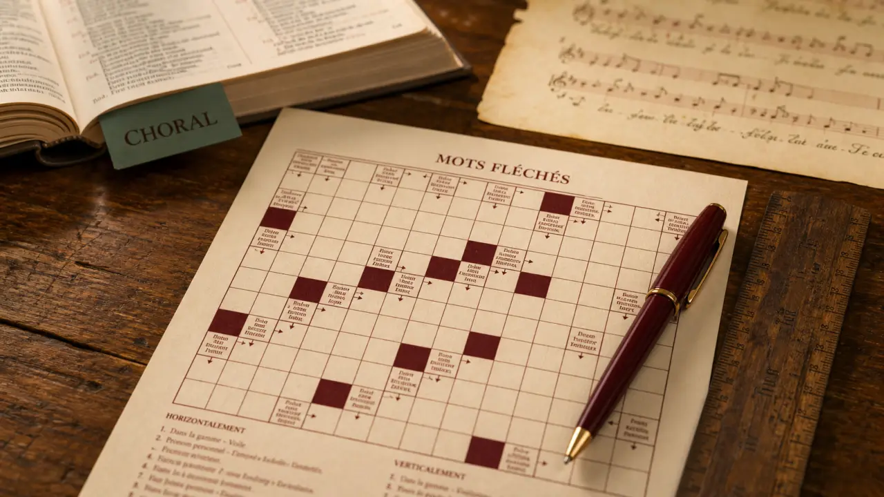 Chant religieux mots fléchés : grille sur bureau, missel et choral