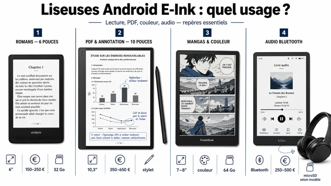 Liseuses android comparées par taille, prix et usages comme PDF, manga et audio