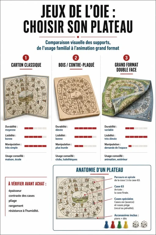 Jeux de l'oie plateau : infographie comparative des plateaux en carton, bois et grand format