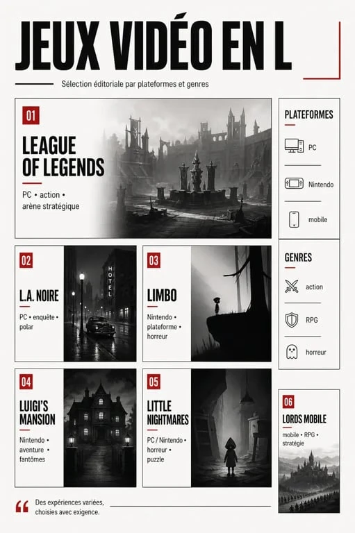Jeu vidéo en l : sélection de jeux vidéo commençant par L, classés par plateforme et genre