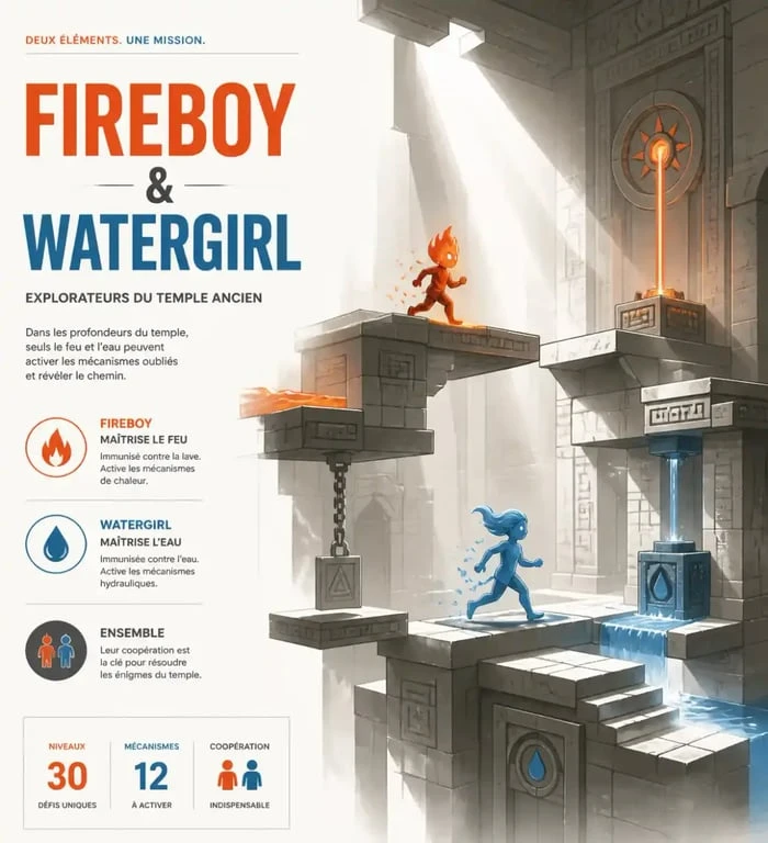 Personnages du jeu feu et eau explorant un temple mystérieux.