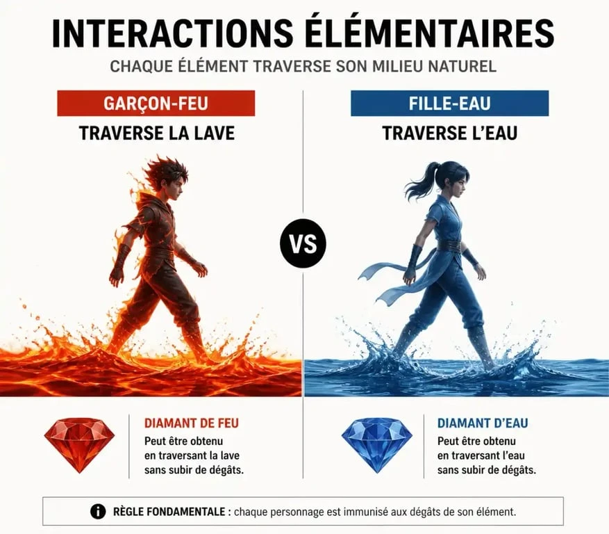 Tableau des mécaniques des jeux feu et eau : interactions entre les personnages et les éléments.