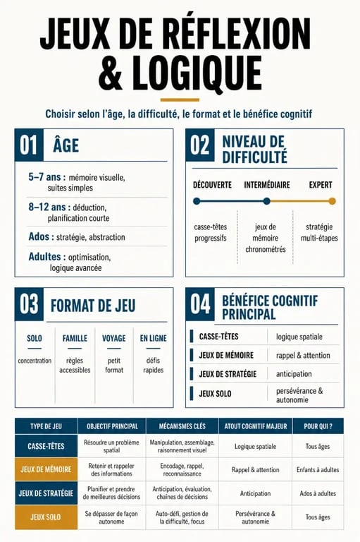 Infographie sur les jeux de réflexion et de logique : âge, niveau, format et bénéfices