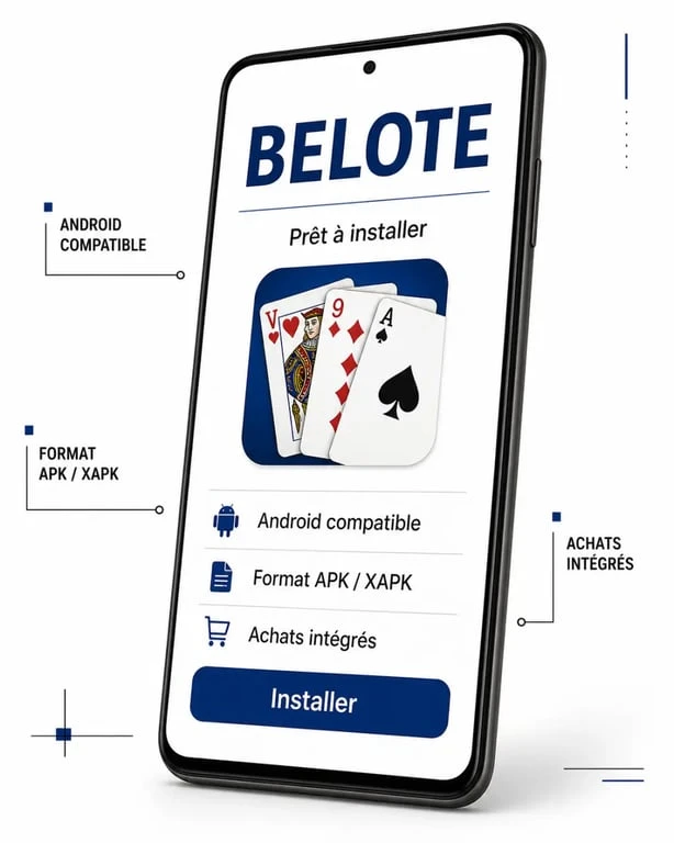Télécharger belote pour Android sur un smartphone Android avec écran d’installation et interface de jeu
