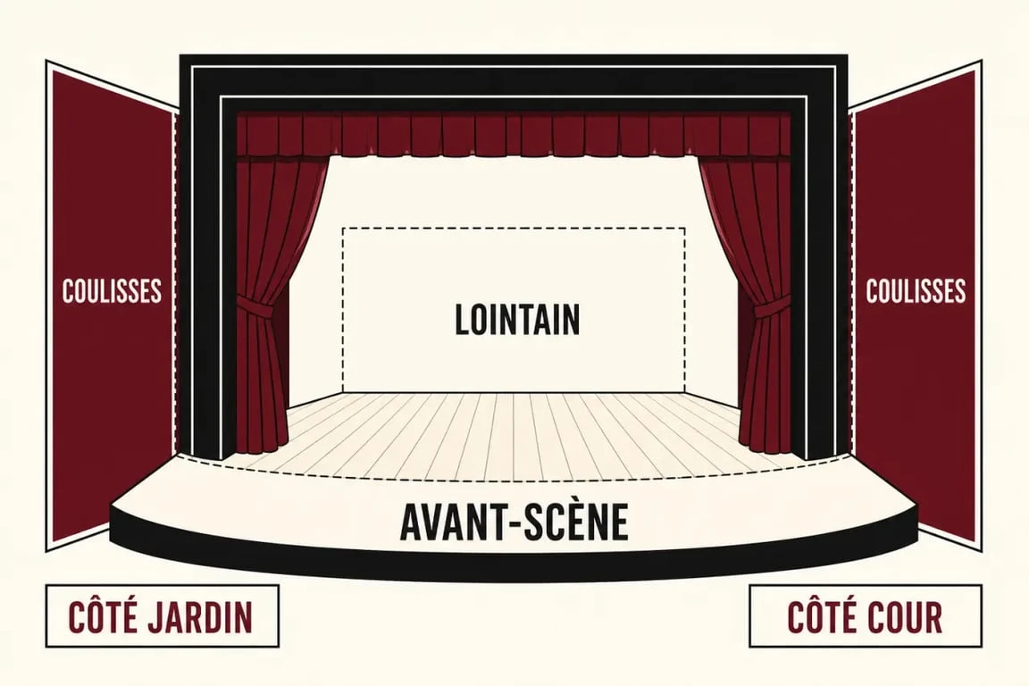 vocabulaire du théâtre fiche : schéma des zones de scène avec côté cour, côté jardin, avant-scène, lointain et coulisses