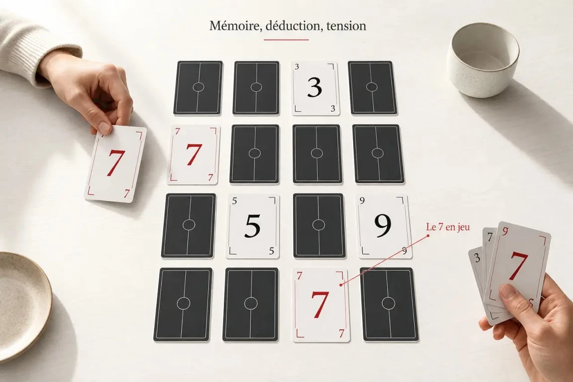 Jeux de société Trio, vue de la mise en place avec cartes numérotées sur une table
