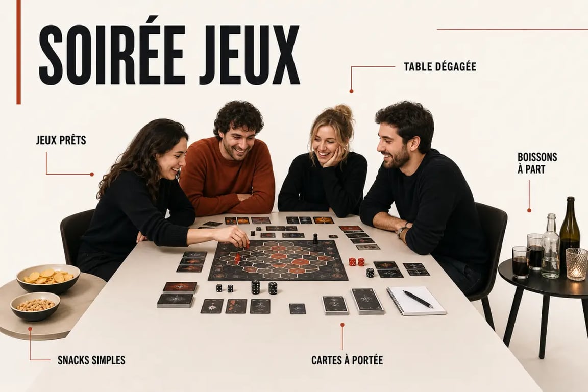 Comment organiser des soirées jeux de société mémorables entre amis : table préparée pour une soirée conviviale et fluide