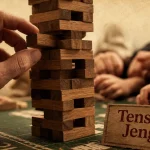 Main qui hésite pour un Jenga, tour en bois et erreurs qui font tomber