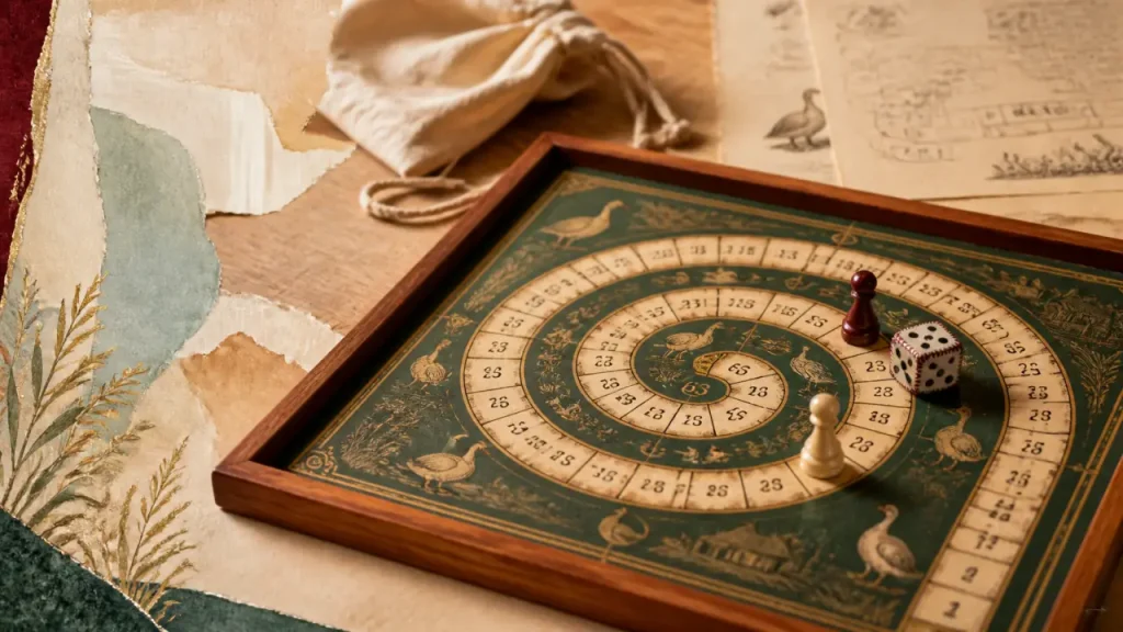 Jeux de l’oie plateau en bois : case 63, lisibilité et verso jeu de moulin