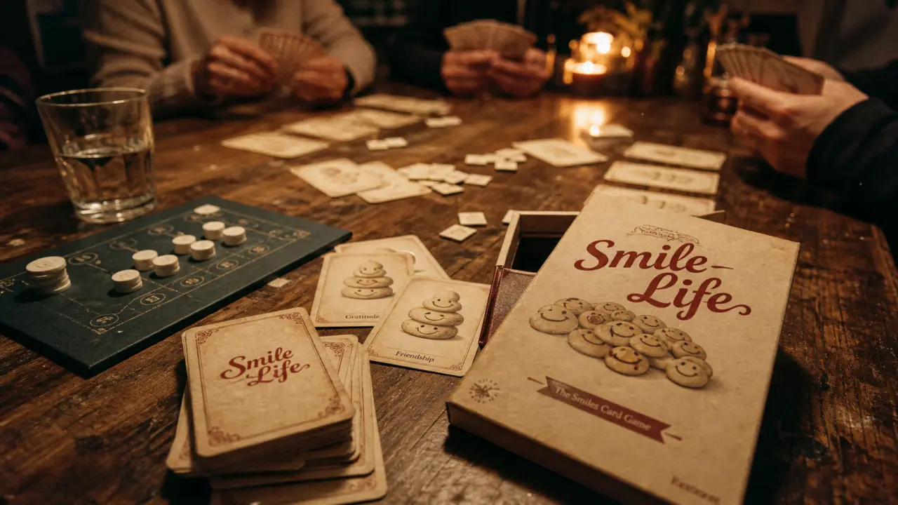 Jeux de société life Smile Life : boîte et cartes sur table