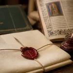 Lettre au moyen age sur parchemin : plume d’oie et sceau de cire rouge