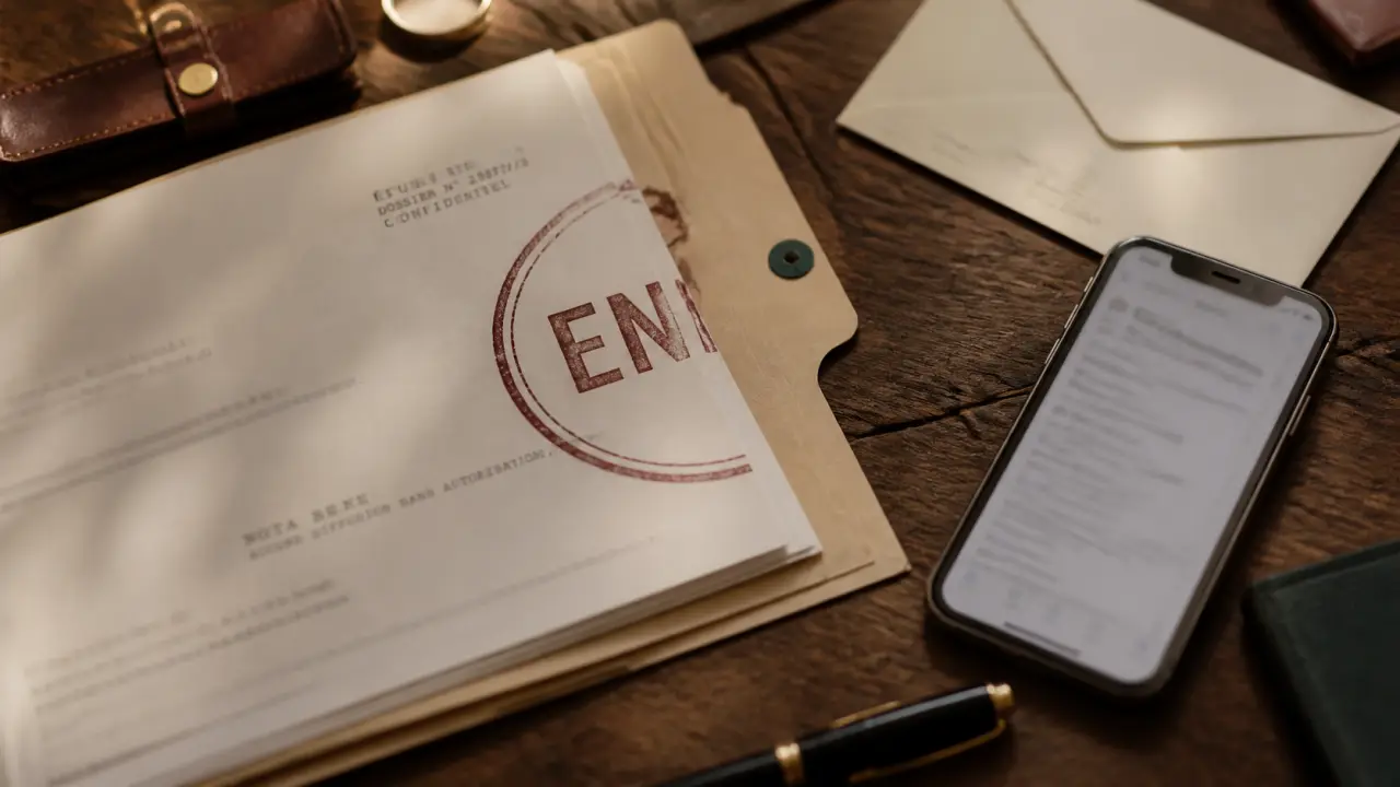 Un envoi orthographe : tampon « ENVOI » sur document