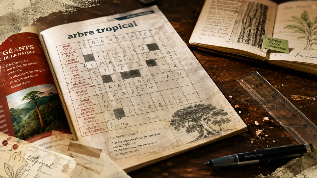 Grille arbre tropical mots fléchés, feuille et cases