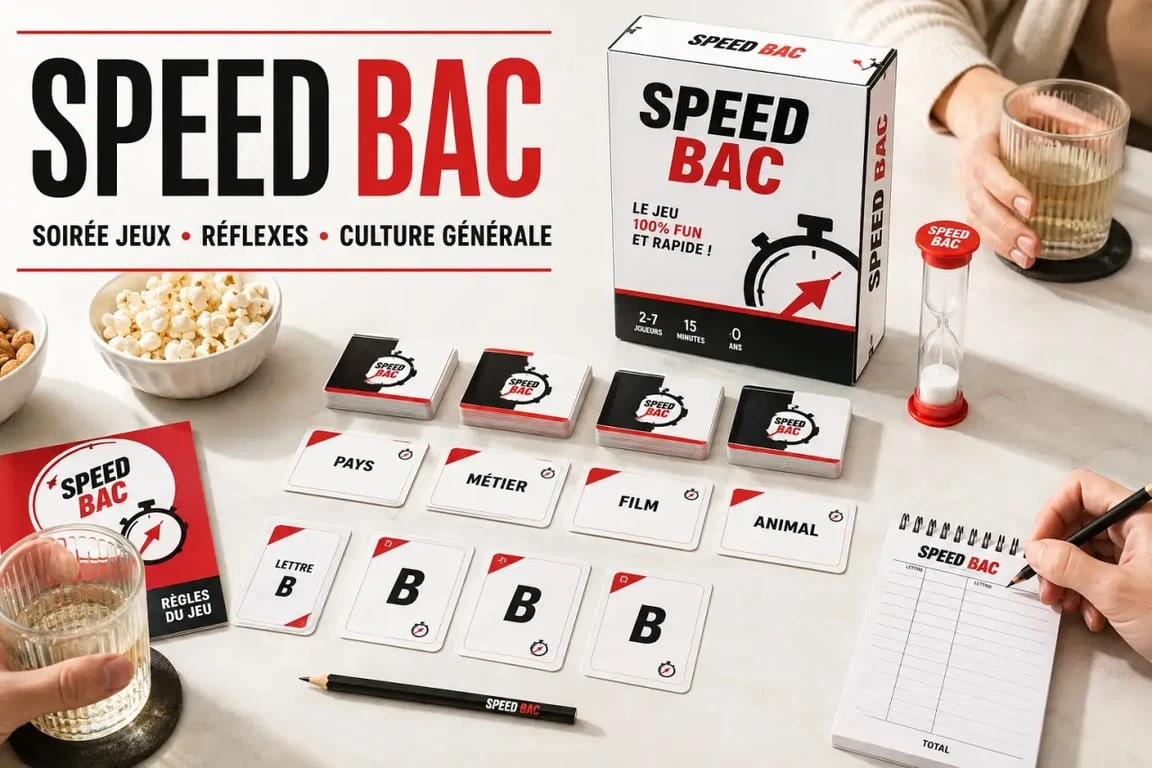 Speed Bac jeu sur une table avec cartes et boîte pour visualiser le produit avant achat