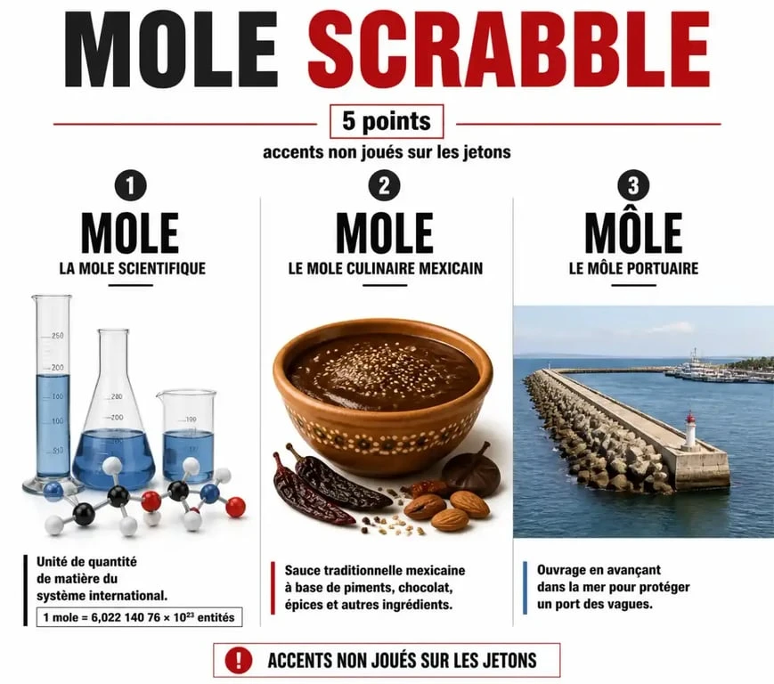 Infographie MOLE au Scrabble : mole scientifique, sauce mexicaine et môle portuaire, avec un score de 5 points