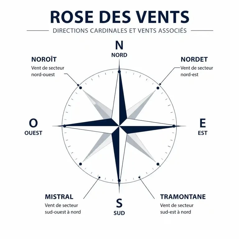 Rose des vents illustrant les différents vents du nord pour les mots fléchés