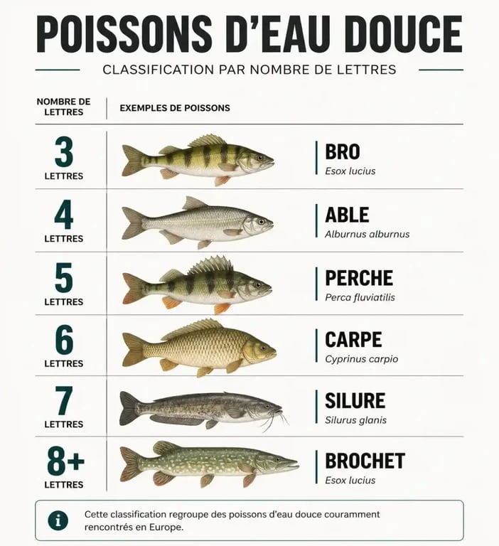 Tableau récapitulatif des poissons d'eau douce pour mots fléchés classés par nombre de lettres