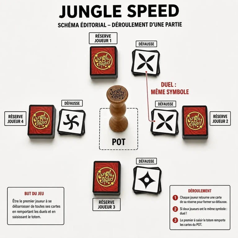 Règle Jungle Speed : schéma de la réserve, de la défausse et du Totem sur la table