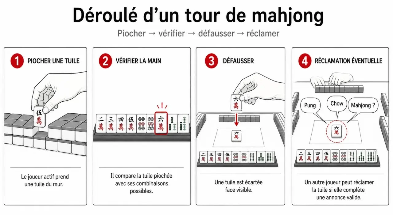 mahjong regle : déroulé d’un tour avec pioche, défausse et annonce