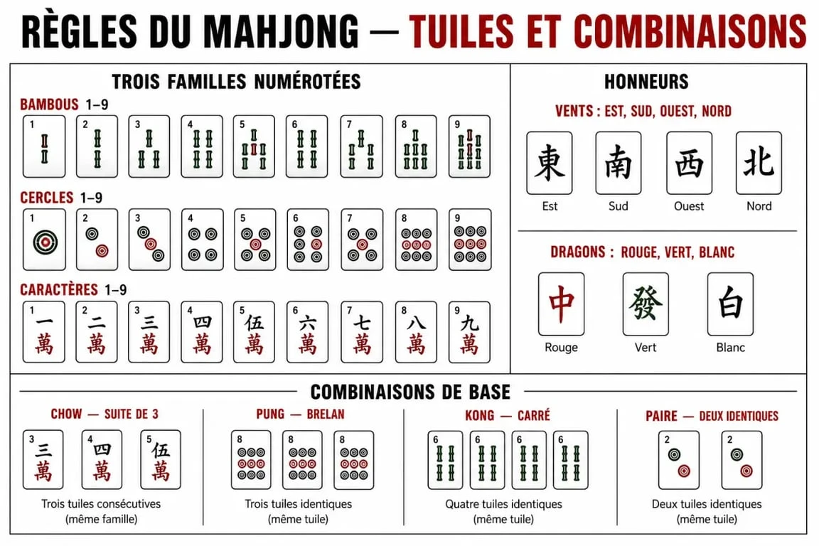 mahjong regle : schéma des tuiles, familles, honneurs et combinaisons de base