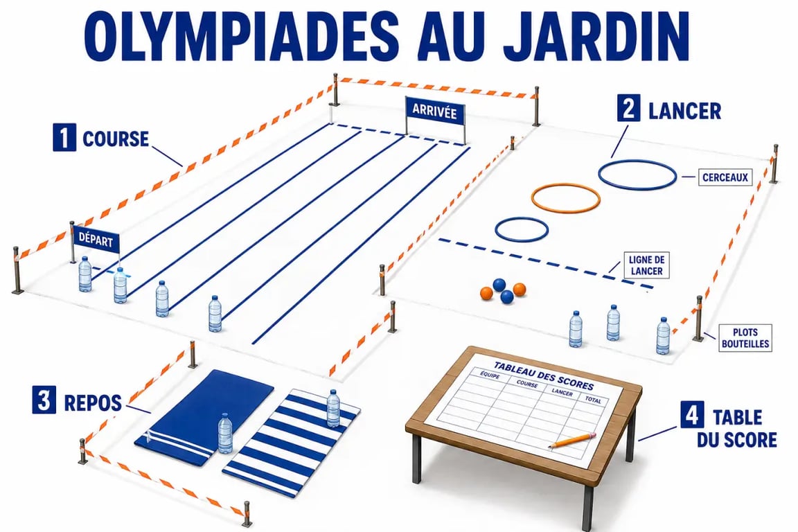 Comment organiser des olympiades familiales dans son jardin : vue d’ensemble d’un jardin aménagé avec zones de jeux, score et sécurité