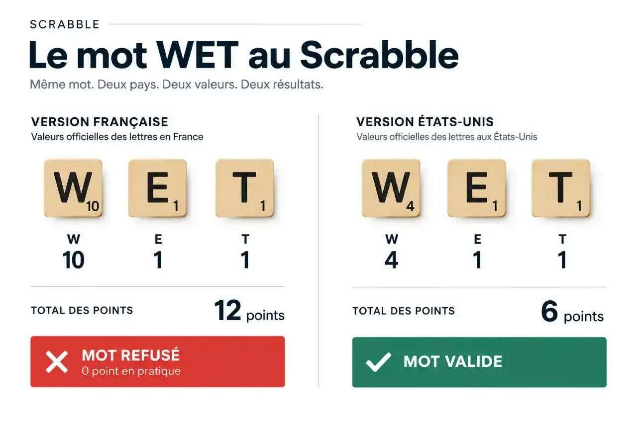 Comparaison du score de wet au Scrabble : 12 points en français (mot refusé) contre 6 points en Scrabble US (mot valide)