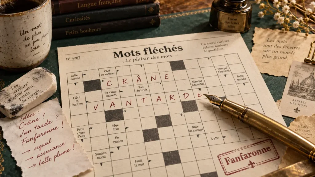 Fanfaronne en mots fléchés : CRÂNE ou VANTARDE selon le sens