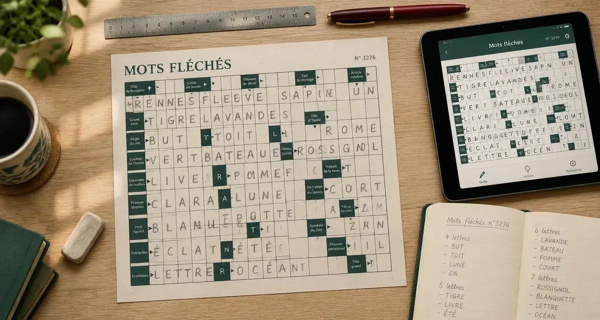 Grille mots fléchés sur bureau, niveau progressif