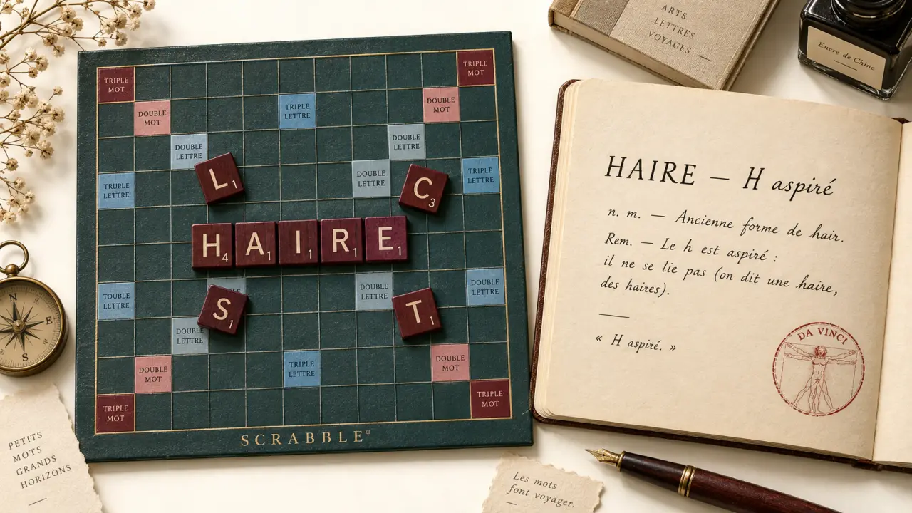 haire scrabble : lettres HAIRE en bois sur plateau de Scrabble