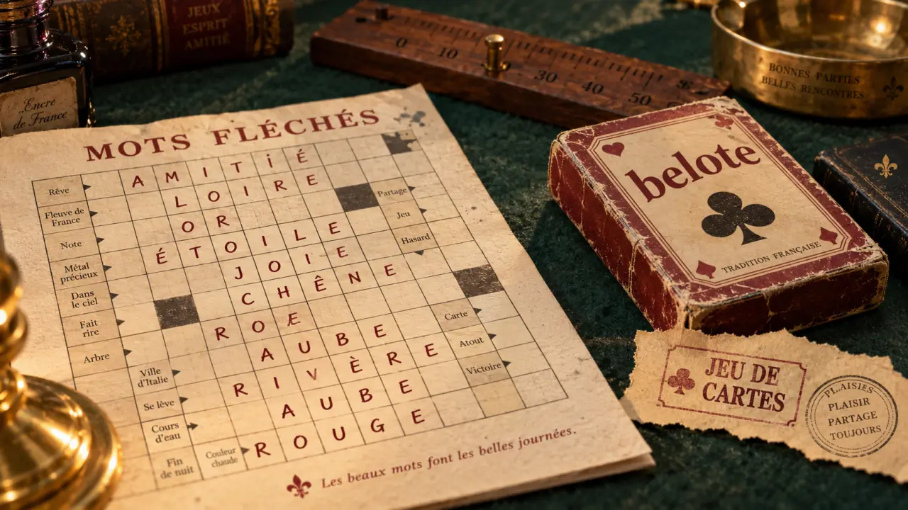 Jeux de carte mots fléchés : grille de mots et cartes belote