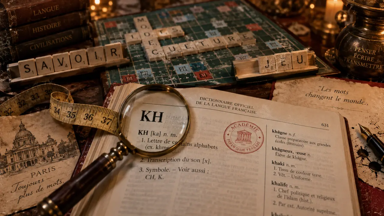 Mots scrabble avec kh sur plateau de Scrabble, dictionnaire ouvert